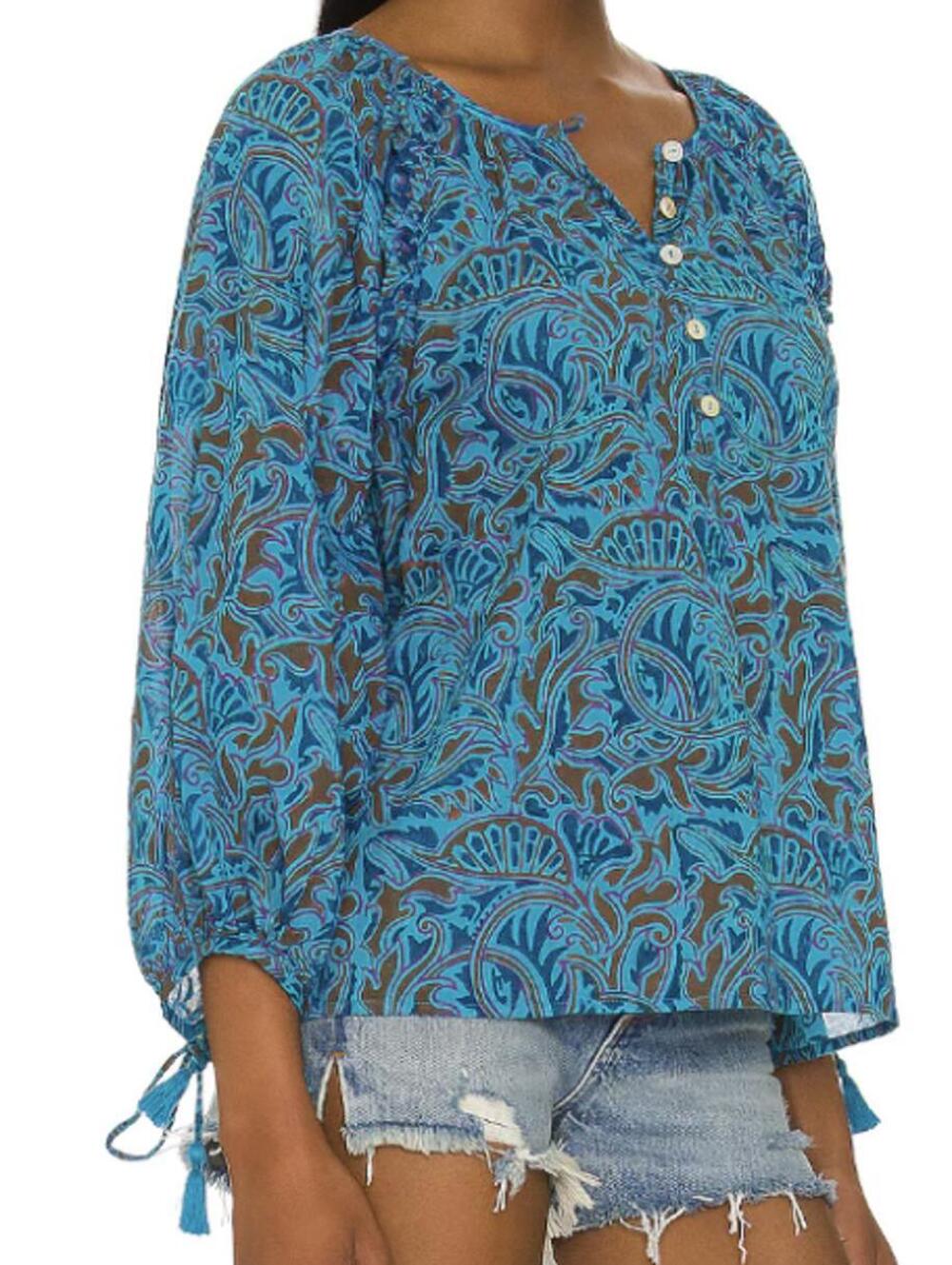 Cleobella 100% Cotton Blue Zuri Block Print Jayda Blouse - Size - Medium - Picture 3 of 10